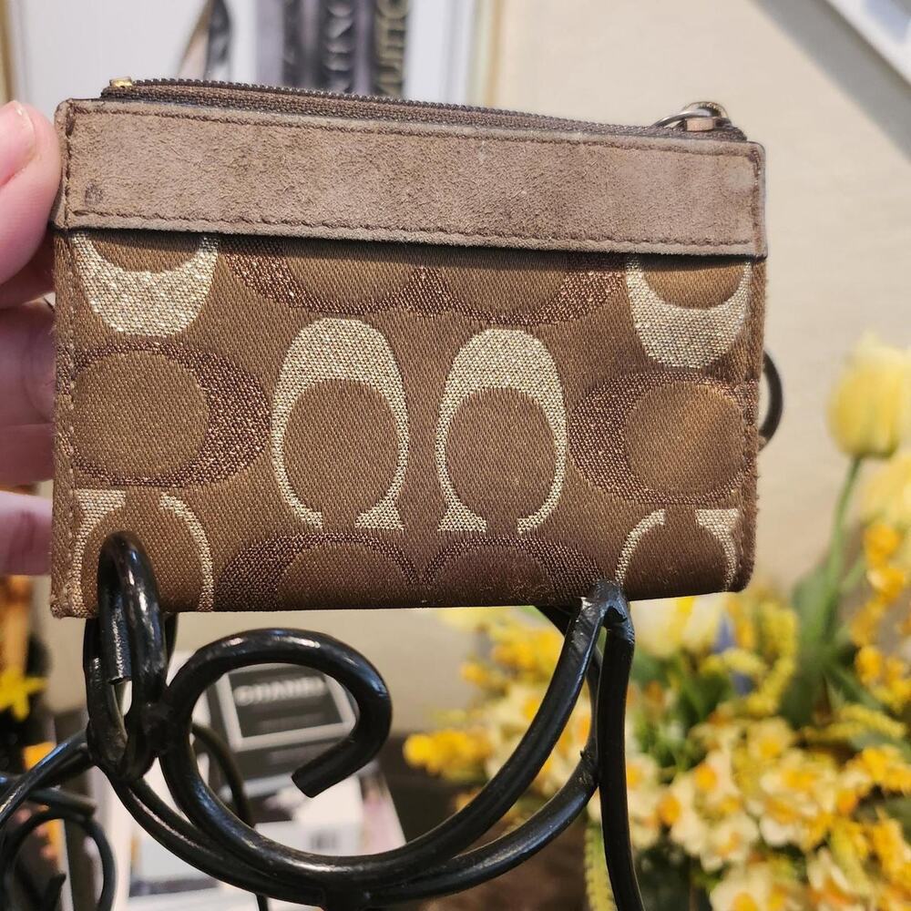 Coach brown signature "C" jacquard mini skinny keychain coin purse - Picture 2 of 3